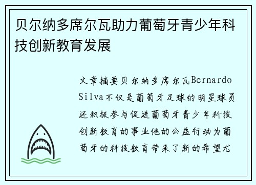 贝尔纳多席尔瓦助力葡萄牙青少年科技创新教育发展