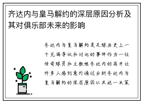齐达内与皇马解约的深层原因分析及其对俱乐部未来的影响
