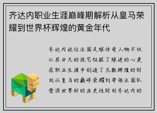 齐达内职业生涯巅峰期解析从皇马荣耀到世界杯辉煌的黄金年代